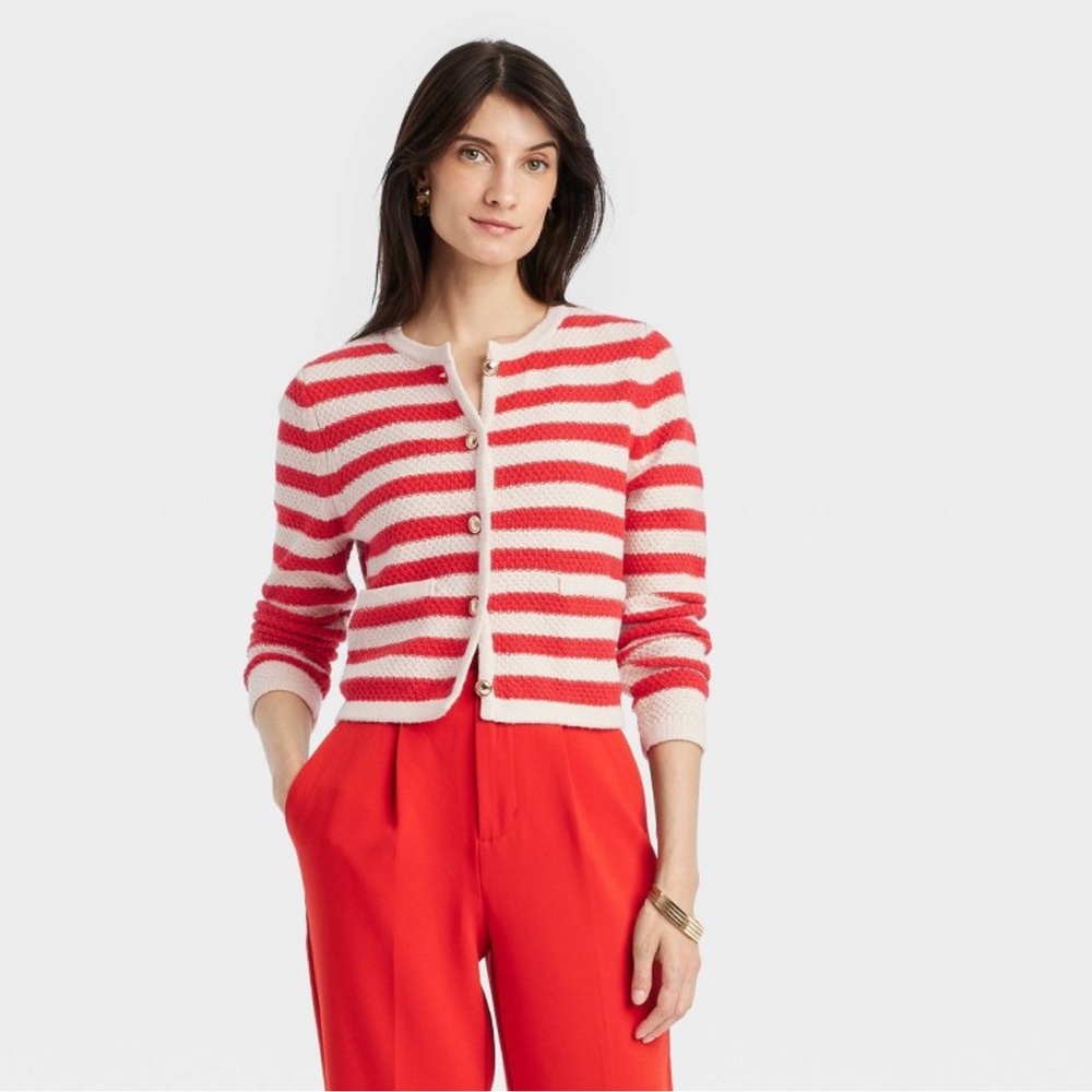 Women's Lady Cardigan - A New Day Red Striped - Picture 1 of 5